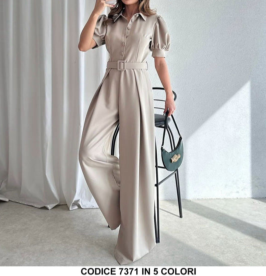Abito Tuta Intera Casual Mezza Manica con Cintura Jumpsuit Elegante con Colletto e Bottoni in 5 Colori - 7371