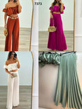 Completo Elegante Maglia Top Arruffato Pantalone Largo Plissettato Coordinato Casual in 4 Colori - 7373
