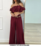 Completo Elegante Maglia Top Arruffato Pantalone Largo Plissettato Coordinato Casual in 4 Colori - 7373
