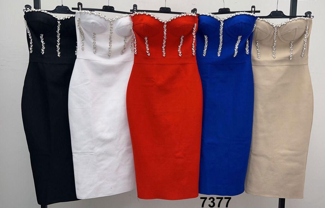 Abito Lungo Midi Elegante da Cerimonia Corpetto Contorno Strass Vestito Tubino Evento in 5 Colori - 7377