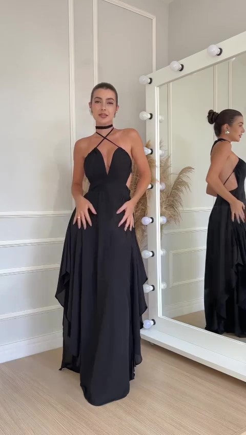 Abito Lungo Elegante Asimmetrico Allacciato al Collo Schiena Scoperta Vestito Evento in 7 Colori - 7379