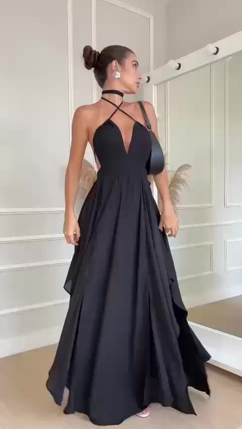 Abito Lungo Elegante Asimmetrico Allacciato al Collo Schiena Scoperta Vestito Evento in 7 Colori - 7379