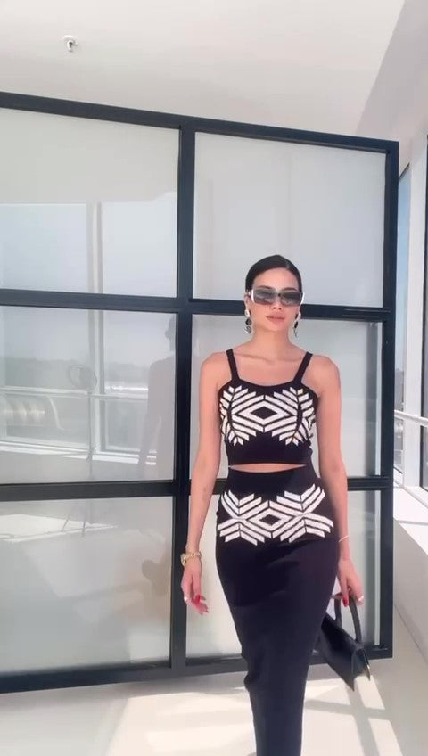Completo Casual Maglia Top con Bretelle Gonna Lunga Midi Stampa Astratta Coordinato in 3 Colori - 7380