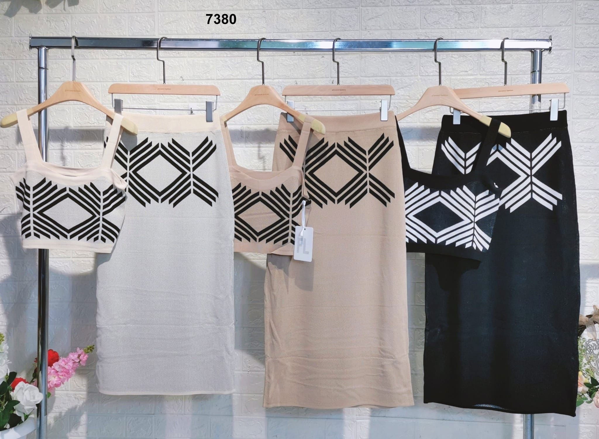 Completo Casual Maglia Top con Bretelle Gonna Lunga Midi Stampa Astratta Coordinato in 3 Colori - 7380
