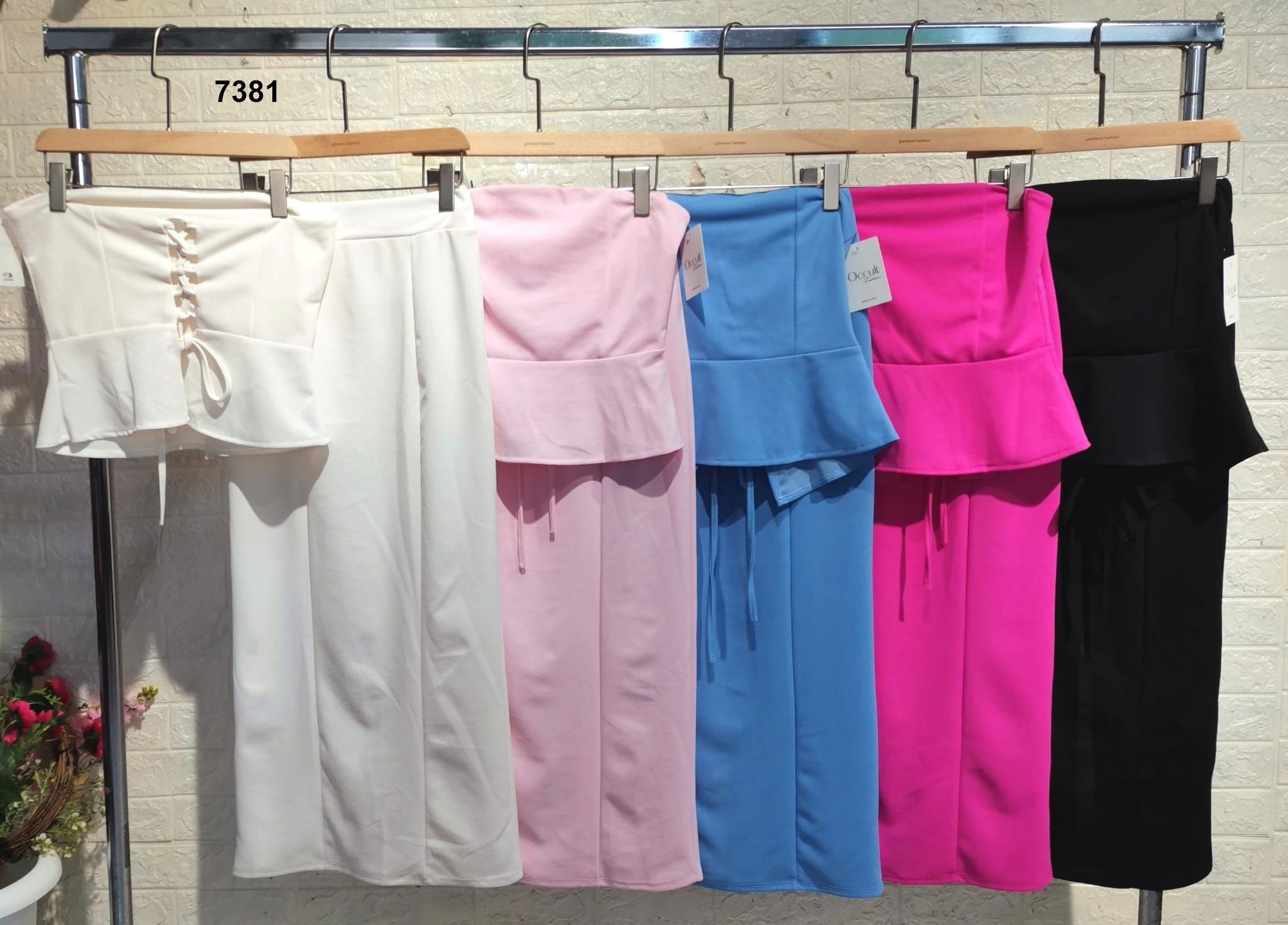 Completo Elegante Maglia Top con Volant Gonna Lunga Midi Tubino Coordinato Casual in 5 Colori - 7381