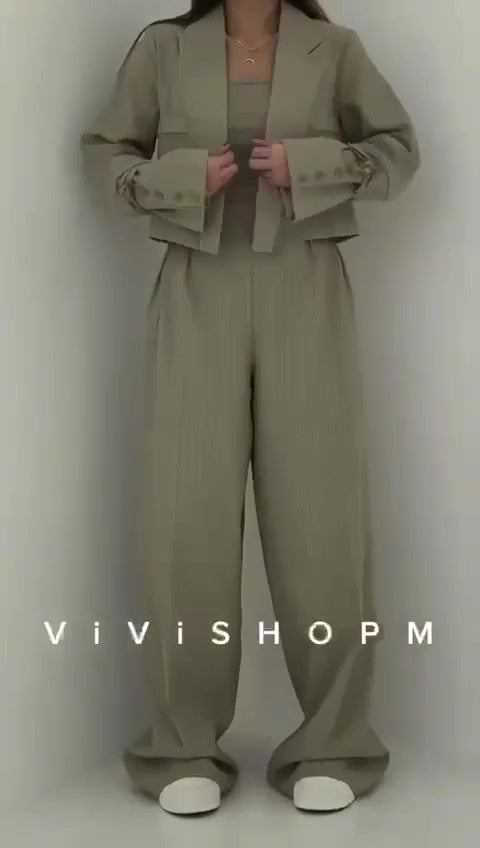 Tailleur Completo Gessato Righini Giacca Polsini Lunghi con Laccetti Pantalone Palazzo Coordinato in 5 Colori - 7382