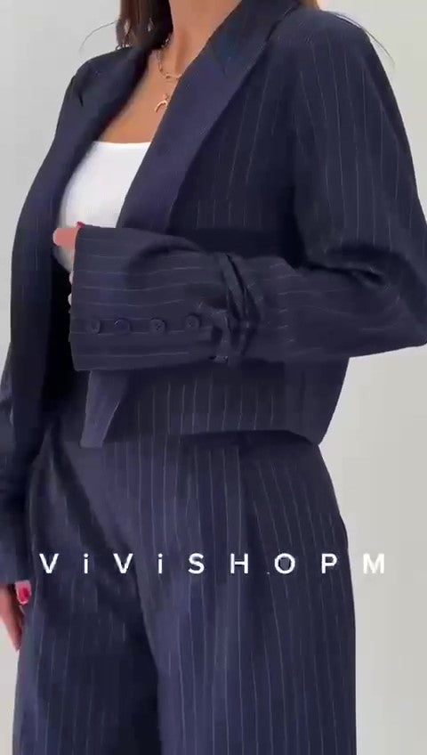 Tailleur Completo Gessato Righini Giacca Polsini Lunghi con Laccetti Pantalone Palazzo Coordinato in 5 Colori - 7382