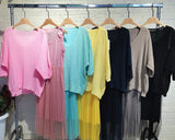 Completo Casual Maglia Manica 3/4 Vestito Lungo Bretelle Velato Coordinato Fashion in 6 Colori - 7383