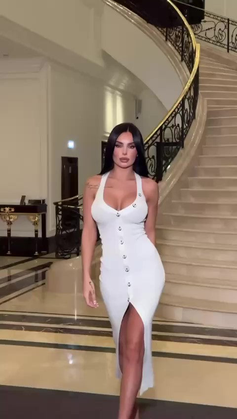 Abito Lungo Aderente Bottoni Gioiello con Spacco Vestito Tubino Sensuale Casual in 5 Colori - 7384