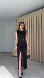 Abito Lungo Elegante da Cerimonia Allacciato in Vita Gancio Gioiello Vestito Evento con Spacco in 5 Colori - 7385