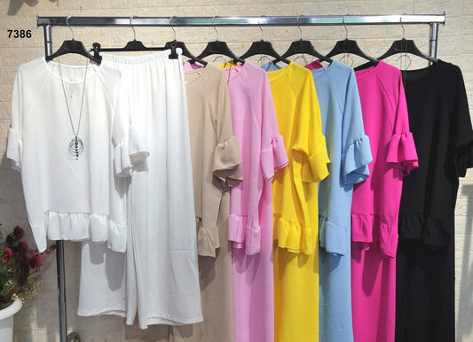 Completo Maglia Manica Corta con Collana Pendente Pantalone Palazzo Largo Coordinato in 7 Colori - 7386