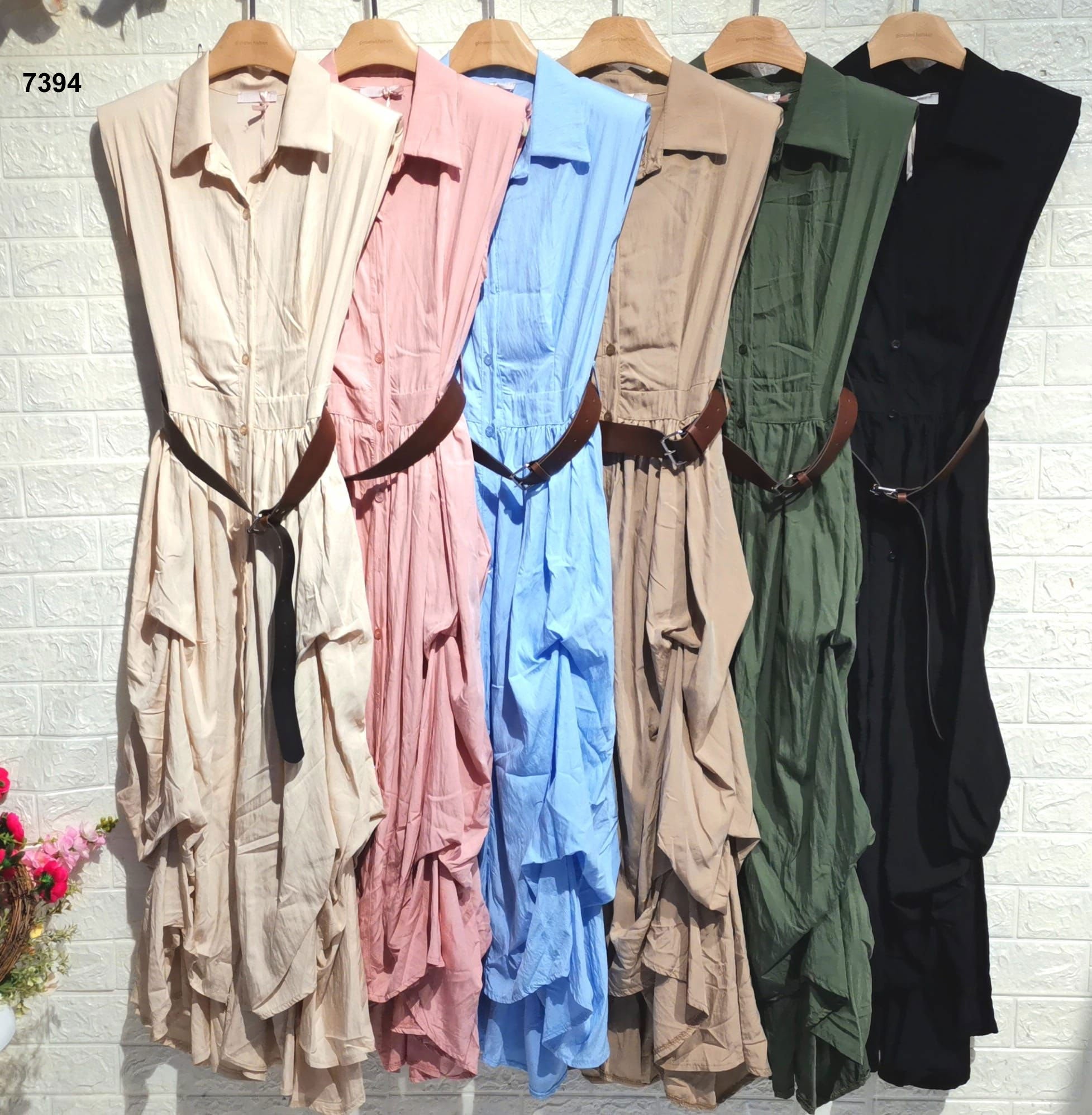 Abito Lungo Casual con Cintura Modello Chemisier Arrufato a Balze Vestito Elegante in 6 Colori - 7394