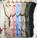 Abito Lungo Casual con Cintura Modello Chemisier Arrufato a Balze Vestito Elegante in 6 Colori - 7394