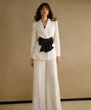 Completo Tailleur Elegante Giacca Pantalone Palazzo Cintura Fiocco Grande Abito Coordinato in 2 Colori - 7396