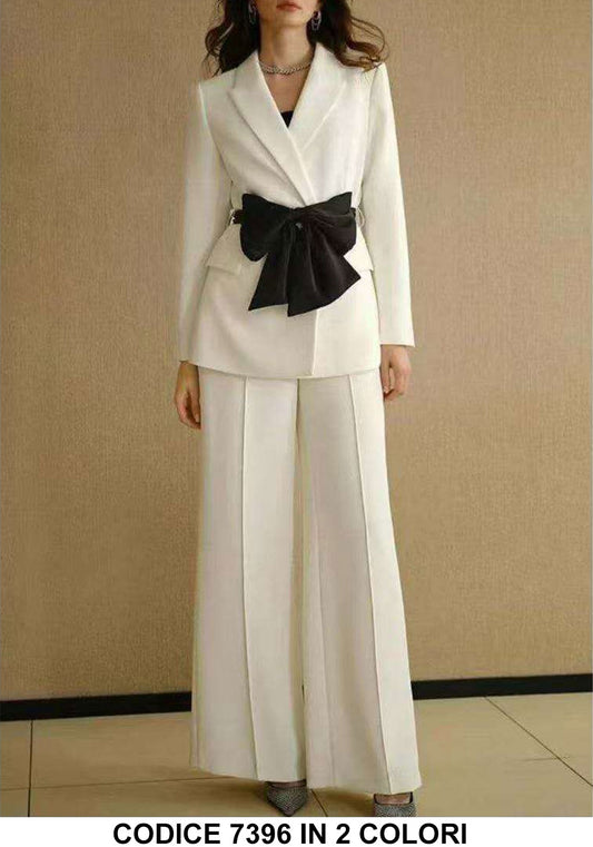 Completo Tailleur Elegante Giacca Pantalone Palazzo Cintura Fiocco Grande Abito Coordinato in 2 Colori - 7396
