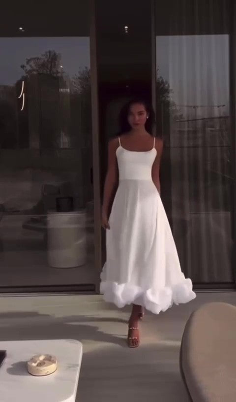 Abito Lungo Elegante con Bretelle Orlo Finale Arruffato Vestito Cerimonia Evento Fashion in 8 Colori - 7397