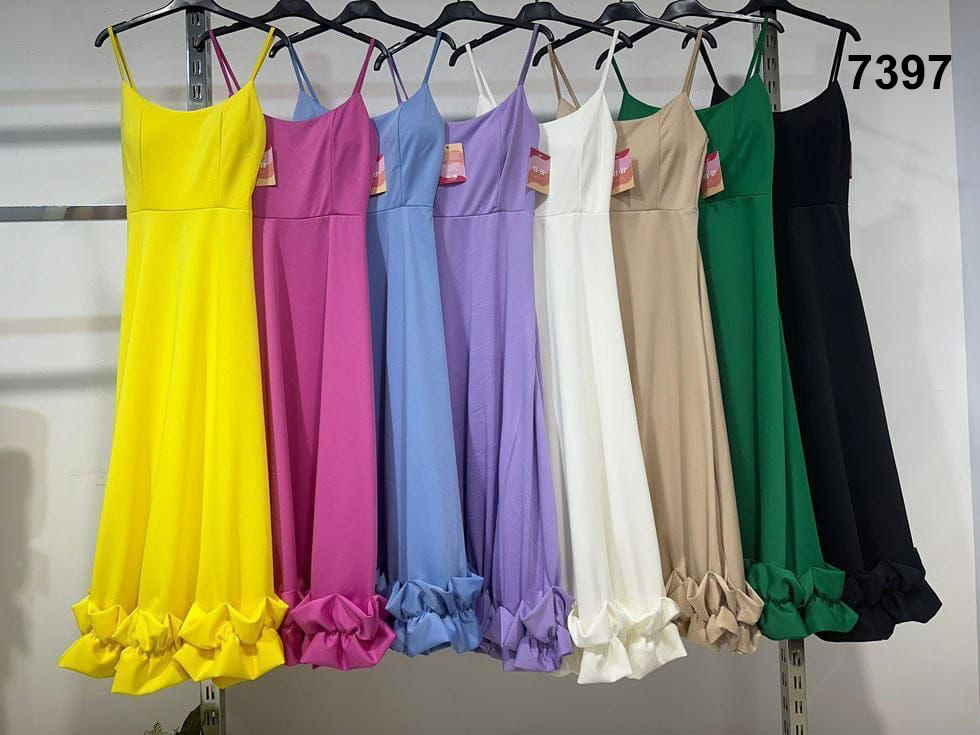 Abito Lungo Elegante con Bretelle Orlo Finale Arruffato Vestito Cerimonia Evento Fashion in 8 Colori - 7397