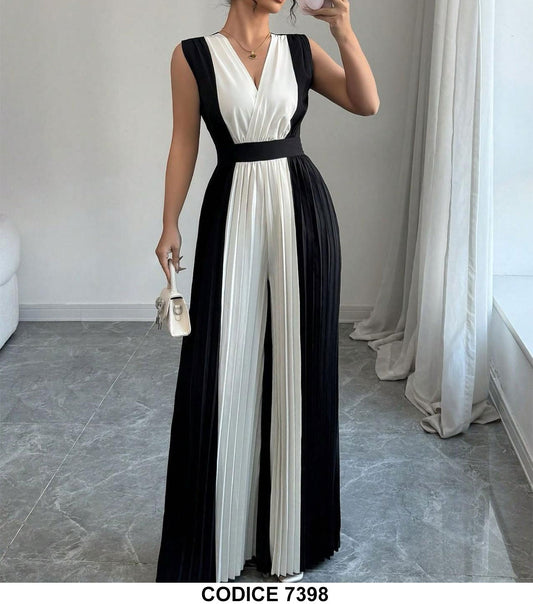 Tuta Intera Elegante Bicolore Effetto Plissettato Jumpsuit Scollo V Cerimonia Evento Bianca e Nera - 7398