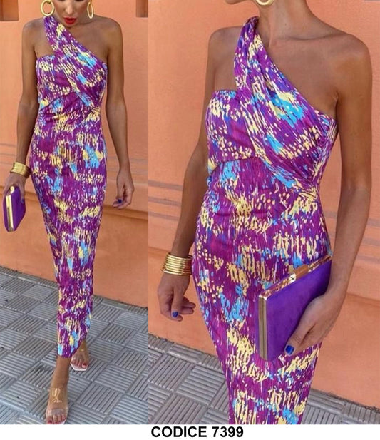 Abito Lungo Elegante Multicolore Viola Vestito Monospalla Aderente Stile Impero Cerimonia Evento - 7399