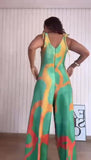 Tuta Elegante Intera Multicolore Verde e Arancio Jumpsuit Colorata Pantalone Zampa Evento - 7400