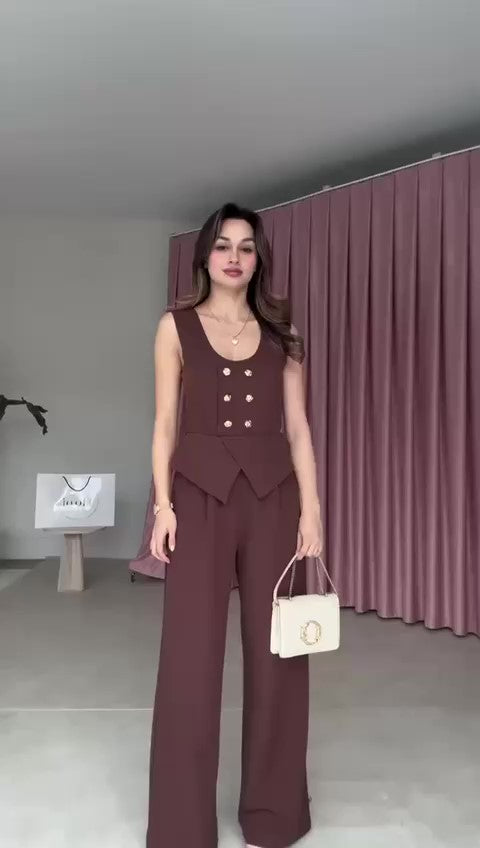 Tuta Intera Elegante Smanicata Bottoni Oro Gioiello Pantalone Palazzo Jumpsuit Casual in 3 Colori - 7403