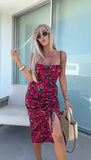 Abito Lungo Midi con Bretelle Stampa Fiorellini Multicolore Vestito Casual Laccetti Regolabili in 4 Colori - 7405