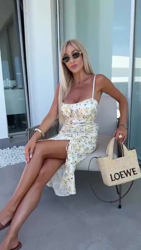 Abito Lungo Midi con Bretelle Stampa Fiorellini Multicolore Vestito Casual Laccetti Regolabili in 4 Colori - 7405