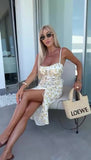Abito Lungo Midi con Bretelle Stampa Fiorellini Multicolore Vestito Casual Laccetti Regolabili in 4 Colori - 7405