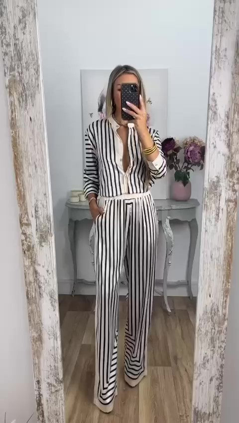 Completo Elegante Bianco e Nero Camicia Pantalone Palazzo Stampa Geometrica Coordinato Casual in 2 Colori - 7406