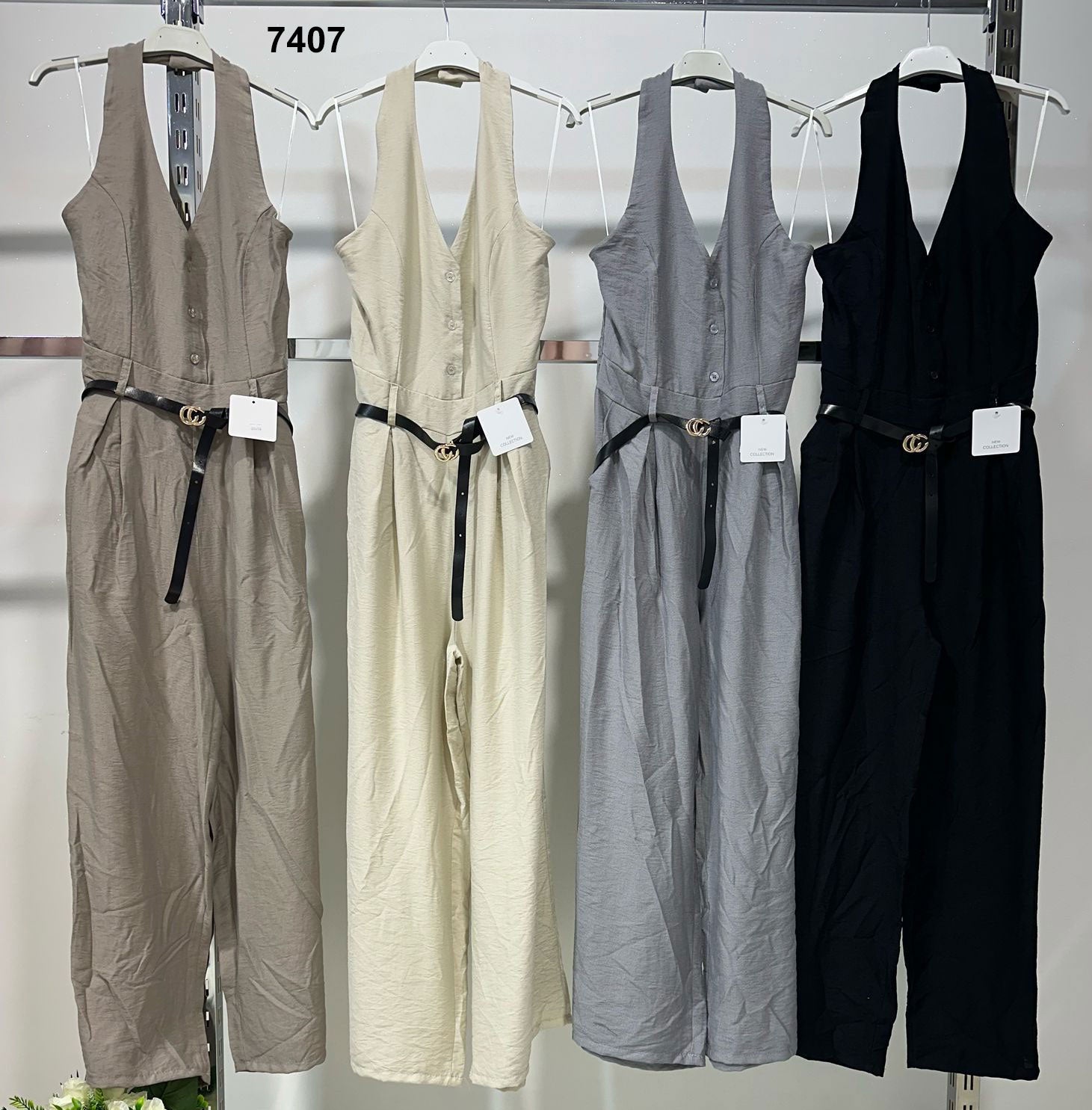 Tuta Intera Casual Allacciata al Collo Smanicata Jumpsuit Pantalone Palazzo con Cintura in 4 Colori - 7407