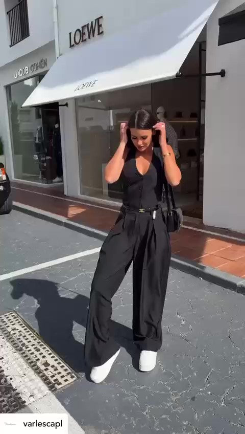 Tuta Intera Casual Allacciata al Collo Smanicata Jumpsuit Pantalone Palazzo con Cintura in 4 Colori - 7407