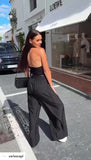 Tuta Intera Casual Allacciata al Collo Smanicata Jumpsuit Pantalone Palazzo con Cintura in 4 Colori - 7407