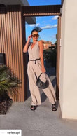 Tuta Intera Casual Allacciata al Collo Smanicata Jumpsuit Pantalone Palazzo con Cintura in 4 Colori - 7407