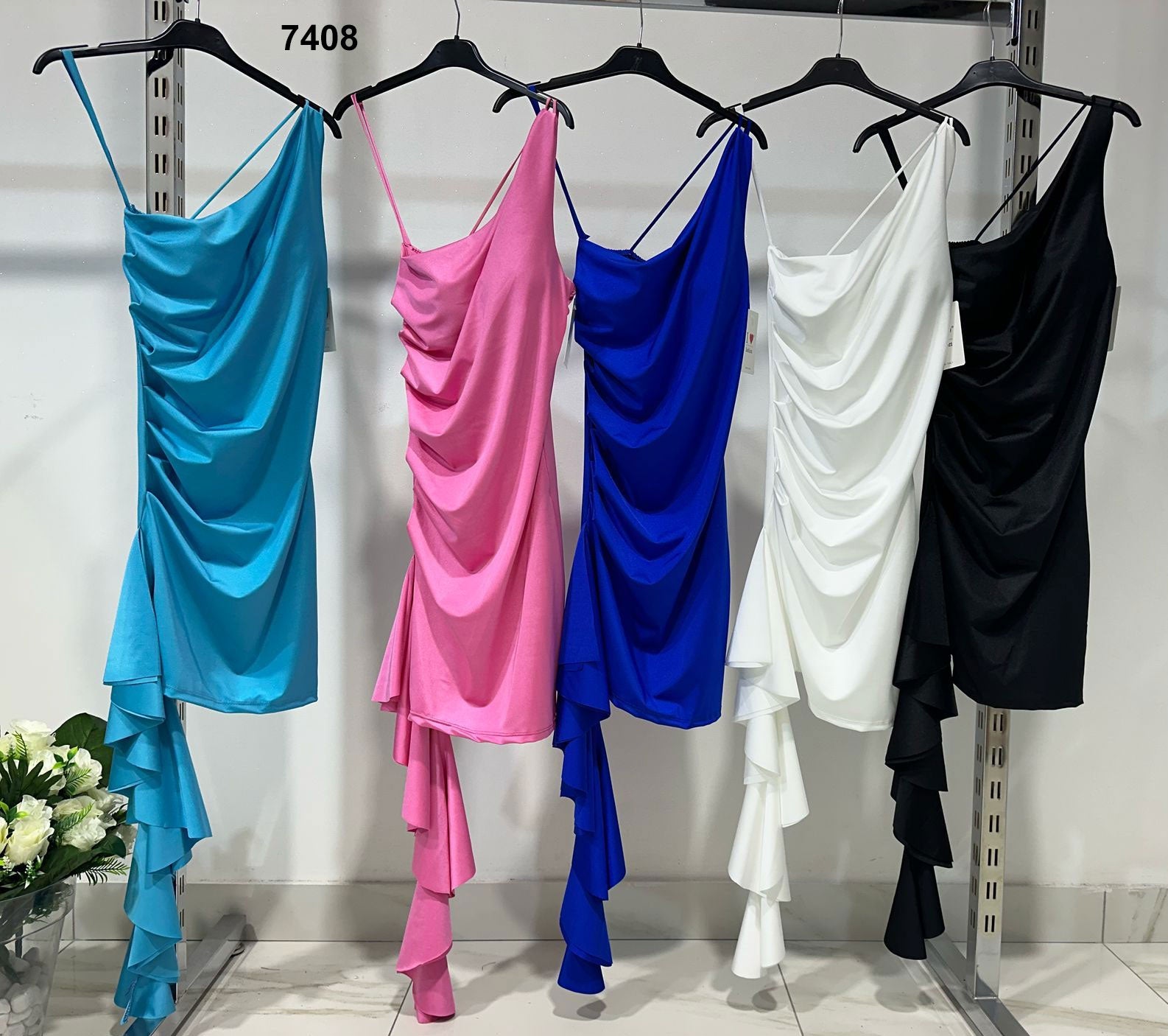 Abito Corto Elegante Evento Monospalla Stile Impero con Rouche Pendente di lato Vestito Sensuale in 5 Colori - 7408