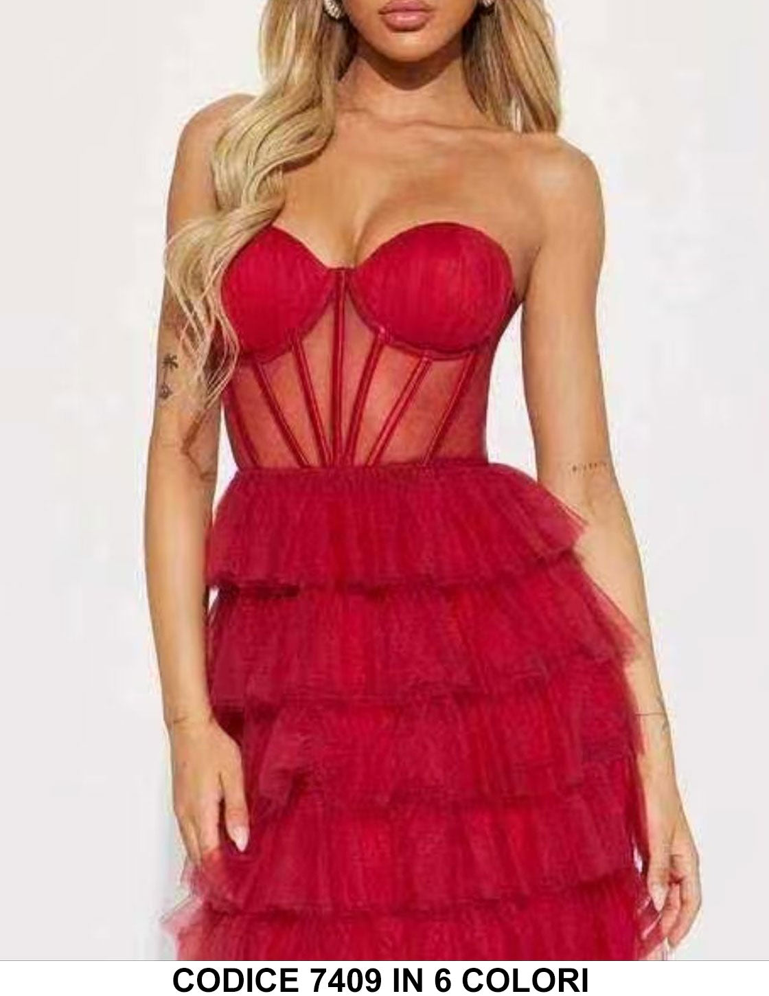 Abito Lungo Cerimonia Realizzato in Francia Multi Balze a Velo Corpetto con Stecchette Vestito in 6 Colori - 7409