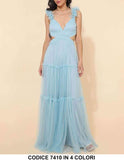 Abito Lungo Cerimonia Realizzato in Francia Spalline con Roselline Scollo V Vestito Cut Out in 4 Colori - 7410