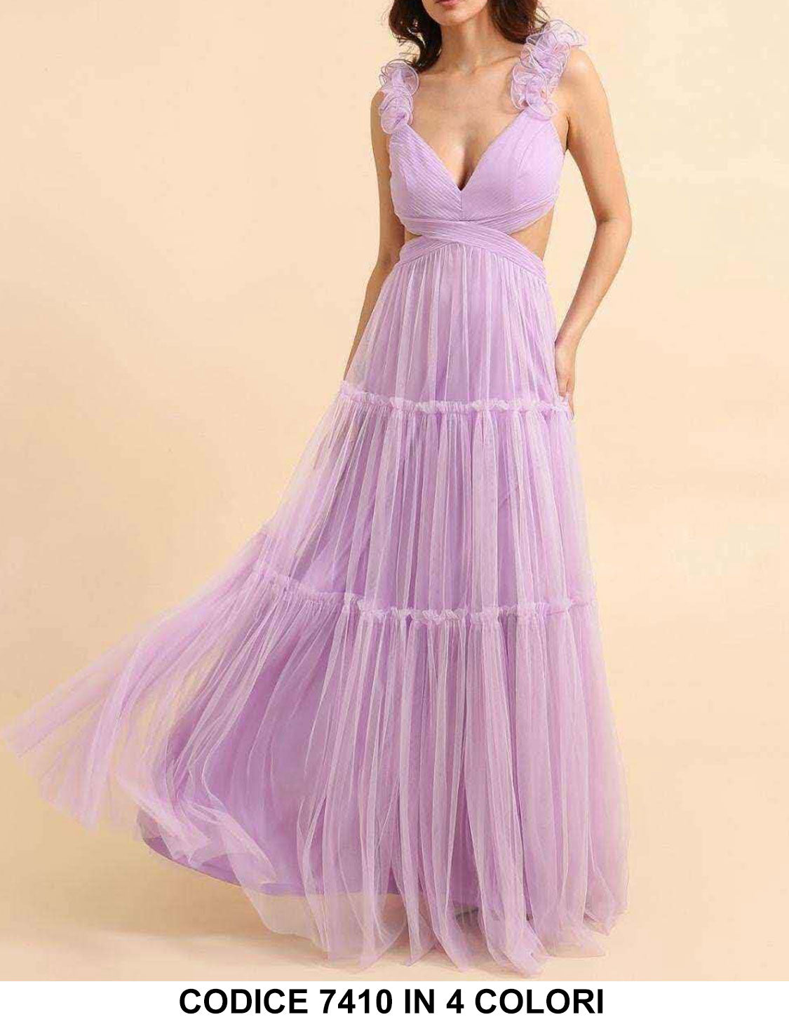 Abito Lungo Cerimonia Realizzato in Francia Spalline con Roselline Scollo V Vestito Cut Out in 4 Colori - 7410
