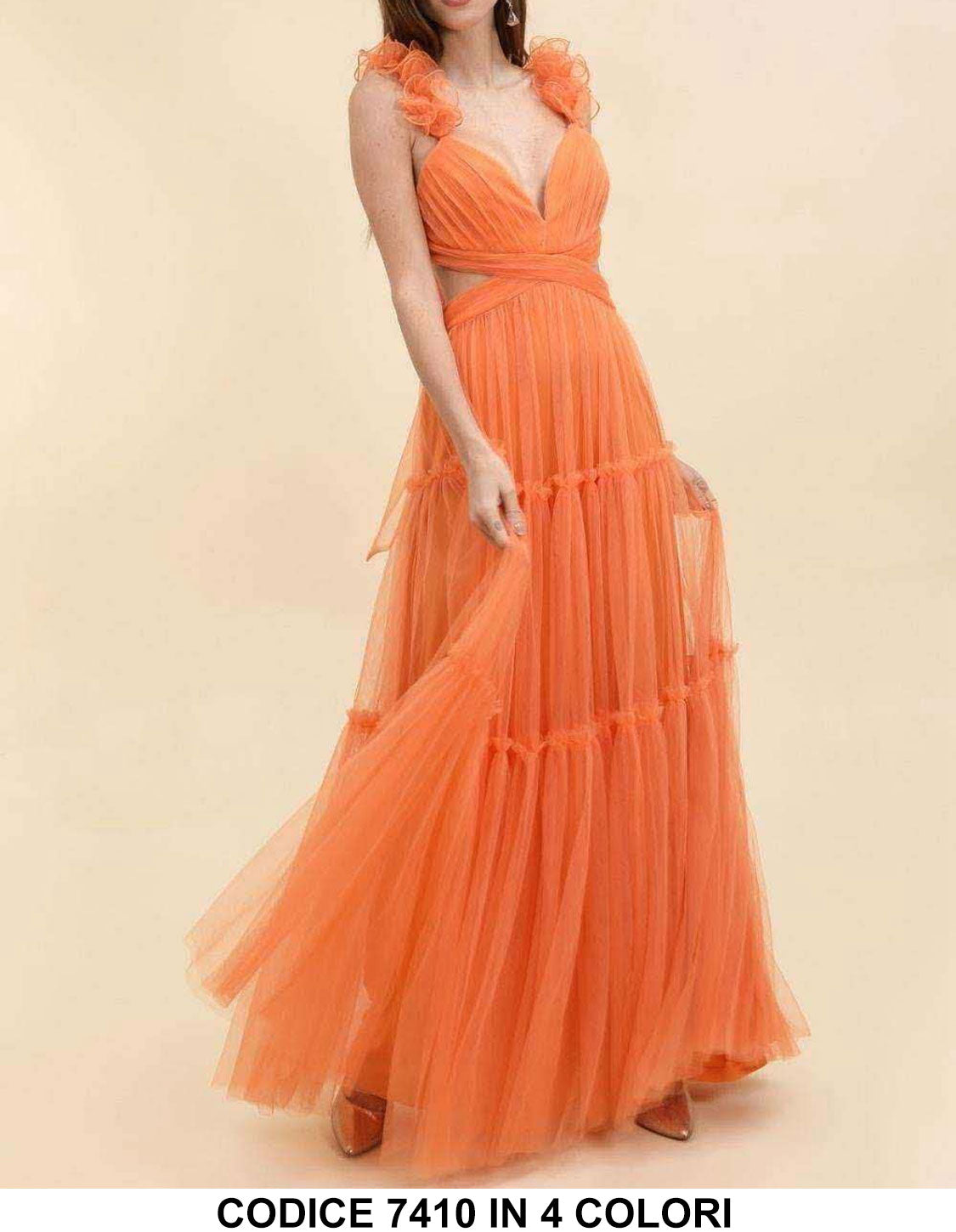 Abito Lungo Cerimonia Realizzato in Francia Spalline con Roselline Scollo V Vestito Cut Out in 4 Colori - 7410