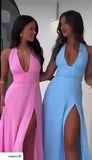 Abito Lungo Elegante Allacciato al Collo Scollo V Fascia Vita Fiocco Posteriore Vestito Evento in 9 Colori - 7412