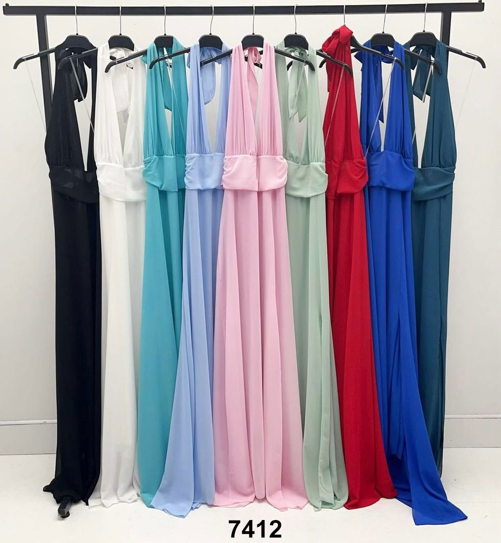 Abito Lungo Elegante Allacciato al Collo Scollo V Fascia Vita Fiocco Posteriore Vestito Evento in 9 Colori - 7412