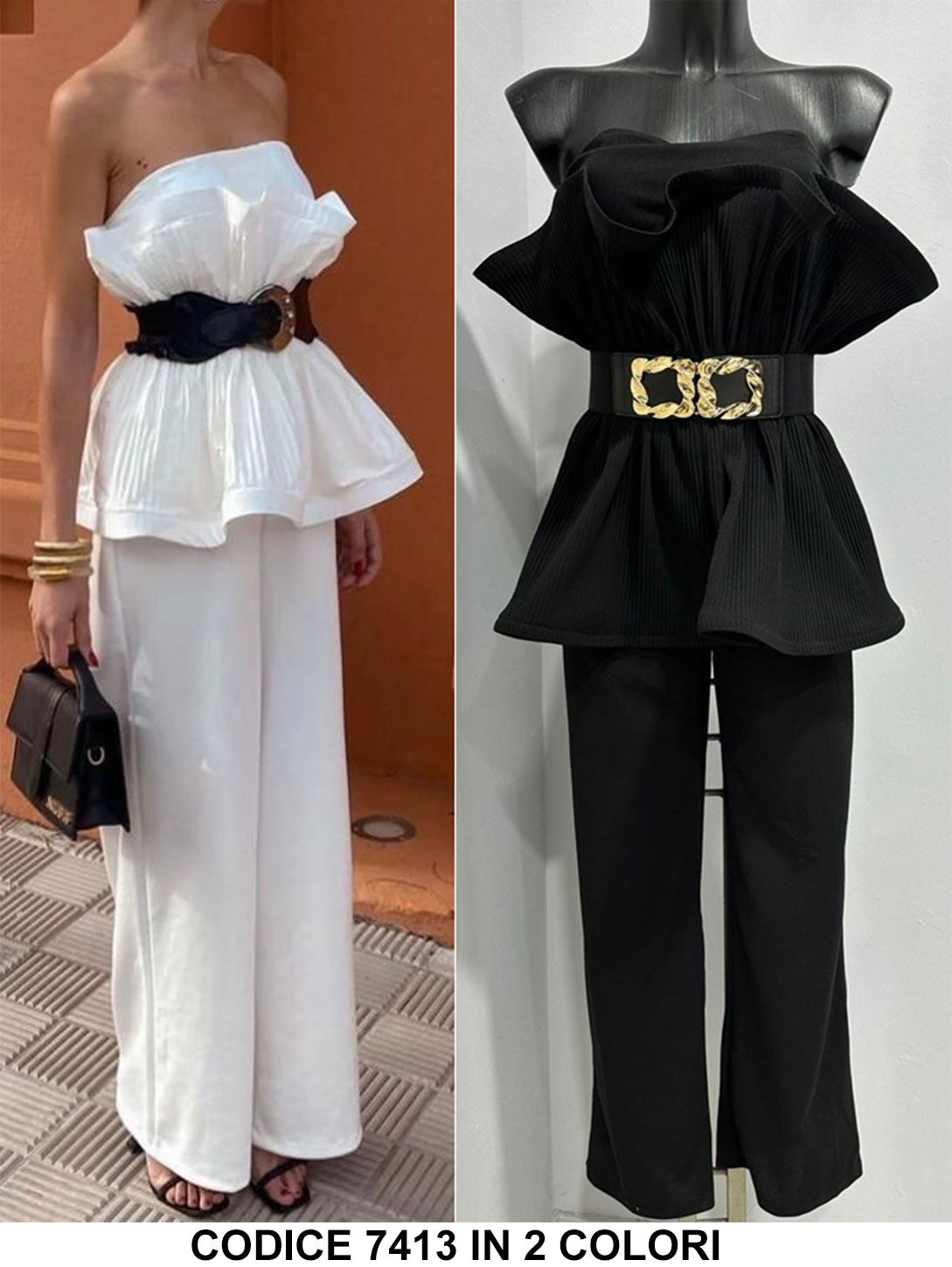 Tuta Intera Elegante Maxi Rouche con Cintura Jumpsuit Cerimonia Corpetto Groffato in Bianco o Nero - 7413