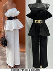 Tuta Intera Elegante Maxi Rouche con Cintura Jumpsuit Cerimonia Corpetto Groffato in Bianco o Nero - 7413