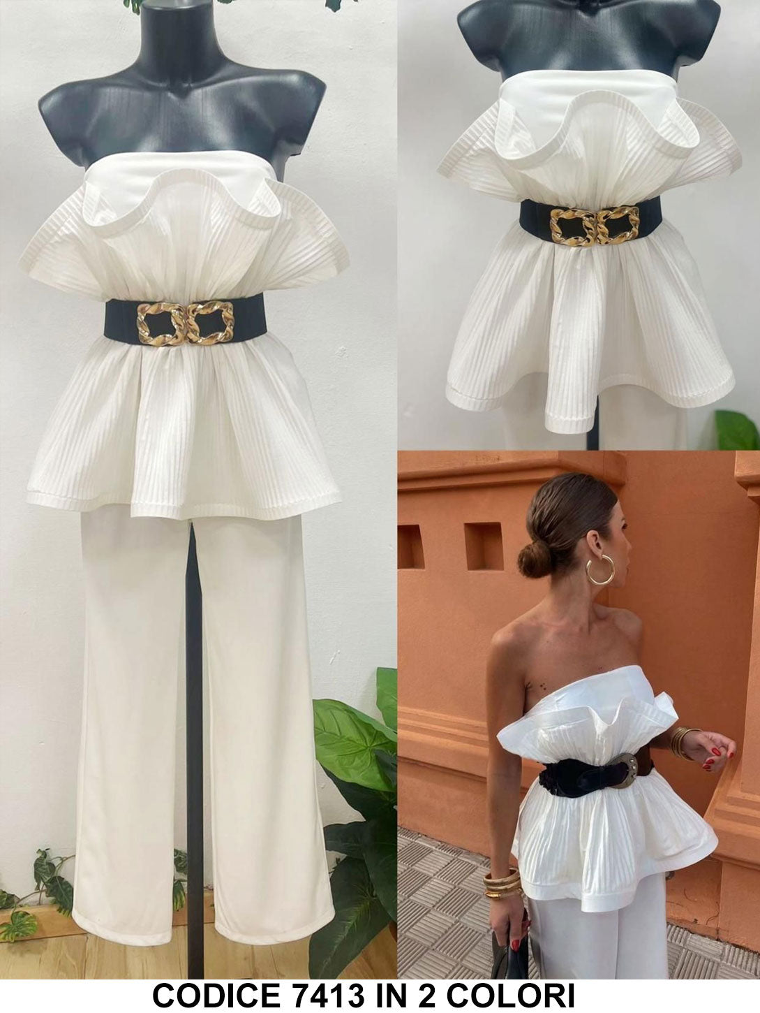 Tuta Intera Elegante Maxi Rouche con Cintura Jumpsuit Cerimonia Corpetto Groffato in Bianco o Nero - 7413