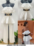 Tuta Intera Elegante Maxi Rouche con Cintura Jumpsuit Cerimonia Corpetto Groffato in Bianco o Nero - 7413