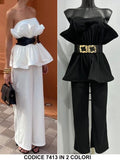 Tuta Intera Elegante Maxi Rouche con Cintura Jumpsuit Cerimonia Corpetto Groffato in Bianco o Nero - 7413