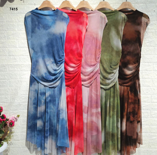 Abito Lungo Colorato Multi Colore Stampa Astratta Vestito Midi Smanicato Casual in 5 Colori - 7415