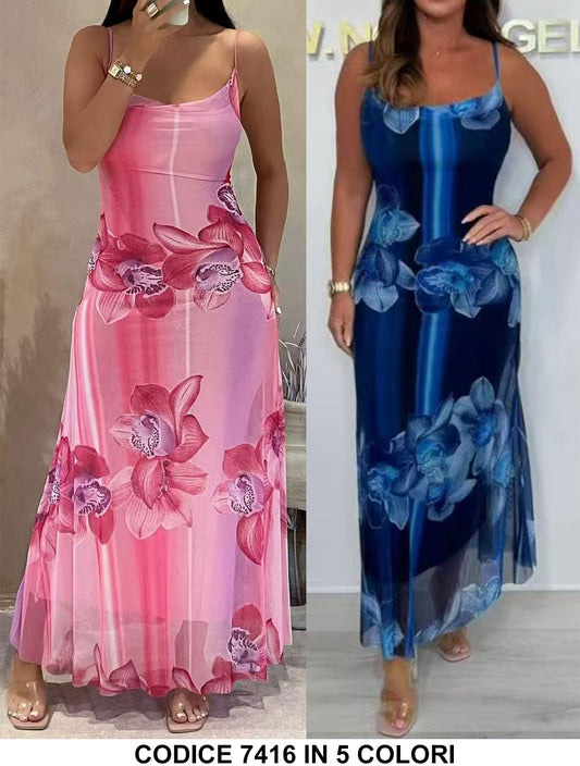 Abito Lungo Colorato Casual Stampa Floreale con Bretelle Vestito Mare Estate in 5 Colori - 7416