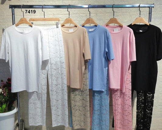 Completo Casual Maglia Mezza Manica Pantalone Effetto Merletto Semi Trasparente Coordinato in 5 Colori - 7419