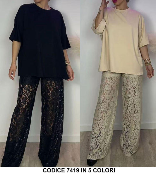 Completo Casual Maglia Mezza Manica Pantalone Effetto Merletto Semi Trasparente Coordinato in 5 Colori - 7419