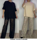 Completo Casual Maglia Mezza Manica Pantalone Effetto Merletto Semi Trasparente Coordinato in 5 Colori - 7419